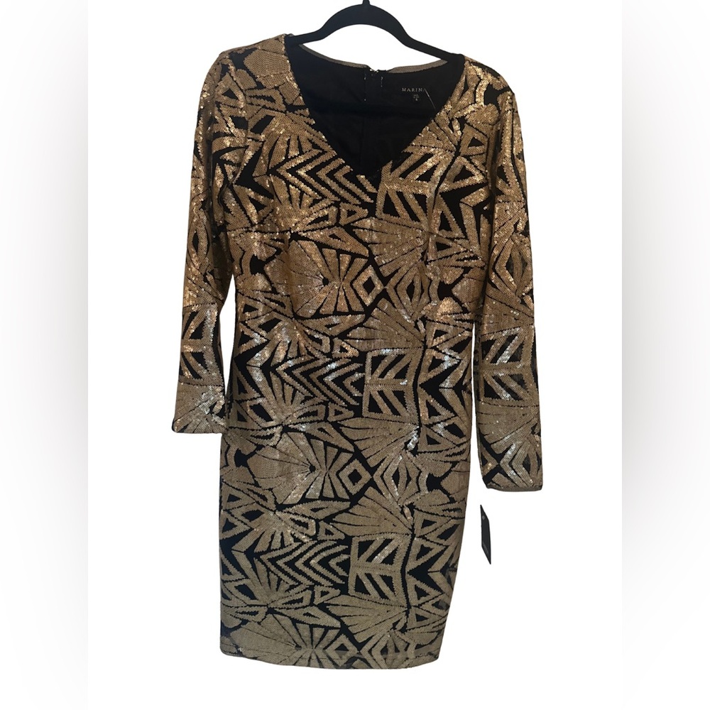 ✨ Marina Gold & Black Sequin A-Line Dress | Size 4 | New Year’s Eve Ready